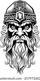 A Viking warrior or barbarian gladiator man mascot face looking strong wearing a helmet. In a retro vintage woodcut style.