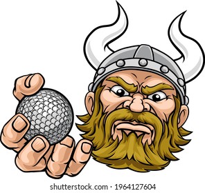 A viking warrior or barbarian golf sports mascot cartoon character holding a ball 

