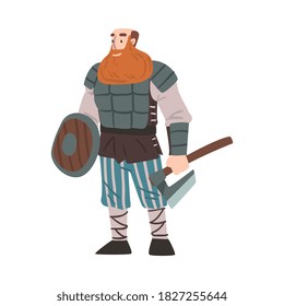 Guerrero vikino con hacha de batalla y espada, personaje de mitología escandinava en traje tradicional Ilustración vectorial estilo caricatura