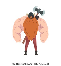 Viking Warrior Battle Double Axe, Muscular Red Bearded Scandinavian Mythology Character in Traditional Outfit Cartoon Style Vector Illustration
