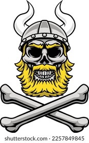 A Viking warrior bearded skull wearing a horned helmet with pirate cross bones