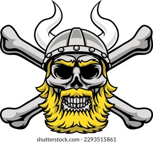 A Viking warrior bearded skull wearing a horned helmet with pirate cross bones