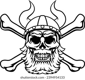 A Viking warrior bearded skull wearing a horned helmet with pirate cross bones