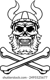 A Viking warrior bearded skull wearing a horned helmet with pirate cross bones