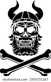 A Viking warrior bearded skull wearing a horned helmet with pirate cross bones