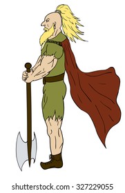 Viking warrior in cape with an ax, vector illustration