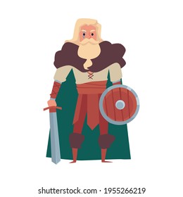 Carácter guerrero viking con la espada y la pantalla plana de ilustración vectorial aislada.
