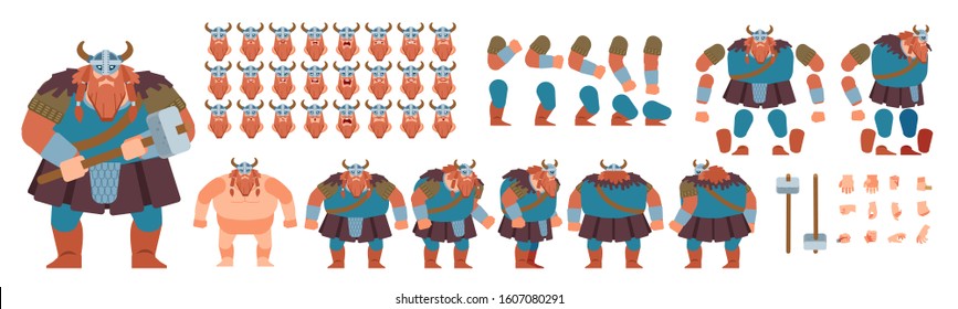 Viking warrior character for your scenes. Character creation set with various views, face emotions, lip sync, poses and gestures. Separate Parts of body. Cartoon style, flat vector illustration.