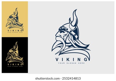 Emblema de guerreiro viking. Design de logotipo guerreiro nórdico. símbolos viking
Guerreiro com capacete de buzina. Mitologia escandinava. Design para slogan. Design isolado em várias cores.