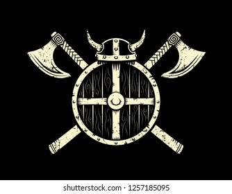Viking warrior emblem with a round shield, horned helmet, crossed battle axes. Vector illustration.