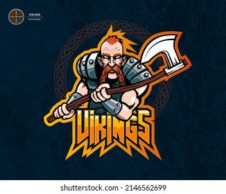 Viking warrior fighting pose with axe, vector illustration