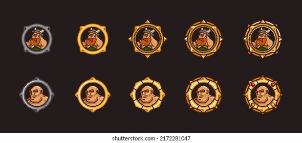 Viking and warrior game avatars in gold ranking frames. Vector cartoon set of badges with heads of characters in silver and golden circle borders with gems isolated on black background