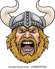 Viking warrior head or face with a horned helmet angry cartoon sports mascot.