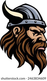 A Viking warrior head or face wearing a horned helmet mascot man