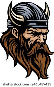 A Viking warrior head or face wearing a horned helmet mascot man