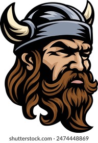 A Viking warrior head or face wearing a horned helmet mascot man