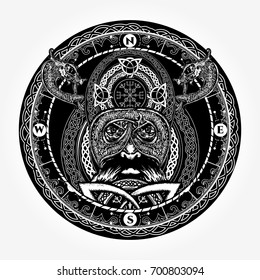 Viking warrior head t-shirt design. Celtic amulet forces. Compass, dragons, ethnic style. Ring with scandinavian ornament 