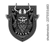 Viking Warrior Head Wearing Helmet And Axes Vector Graphic