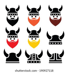 Viking warrior in helmet icons set 