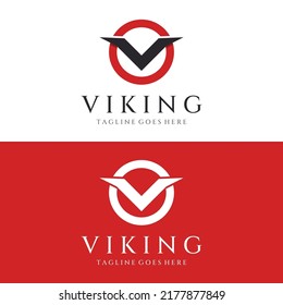 Viking warrior helmet logo with horned helmet and vikings with letter V.