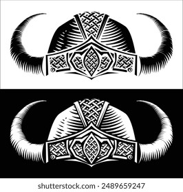 A Viking warrior helmet in a vintage retro woodcut style