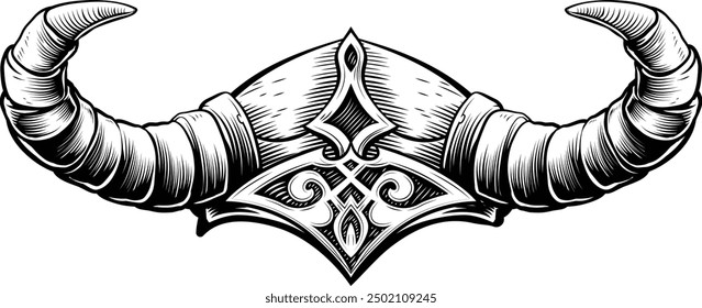 A Viking warrior helmet in a vintage retro woodcut style