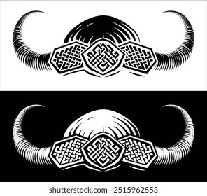 A Viking warrior helmet in a vintage retro woodcut style