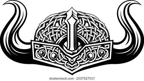 A Viking warrior helmet in a vintage retro woodcut style