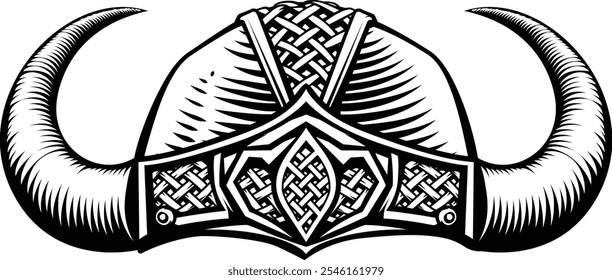 A Viking warrior helmet in a vintage retro woodcut style