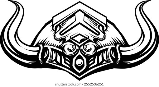 A Viking warrior helmet in a vintage retro woodcut style