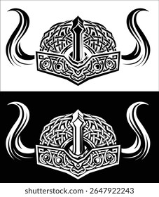 A Viking warrior helmet in a vintage retro woodcut style
