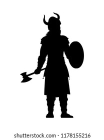 Viking warrior with his weapon isolated vector. Fighter silhouette on white background.