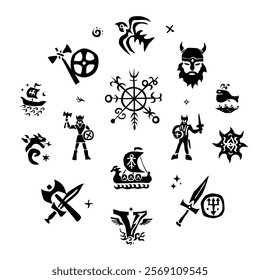 Viking warrior history character vector icon set , isolated graphic silhouettes collection