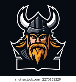 Viking warrior with horned helmet. Vector illustration isolated on black background. esport logo