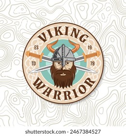 Viking warrior logo, badge, sticker. Vector illustration. For emblems, labels and patch. Patch design heraldic shield with a viking in helmet with crossed battle sword