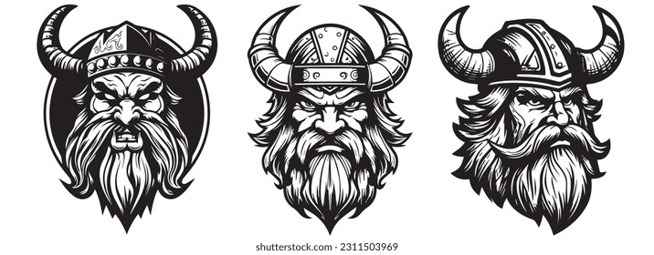 Viking warrior man heads vector illustration silhouette