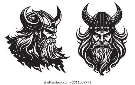 Viking warrior man heads vector illustration silhouette