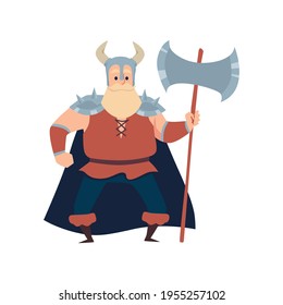 Viking Warrior Man With Huge Beard And Axe Flat Vector Illustration Isolated.