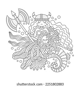 Viking warrior mermaid girl with helmet, shield, axe. Underwater fish woman. Scandinavian fantasy creature. Funny coloring page. Cartoon vector illustration. Outlined hand drawn artwork. Isolated