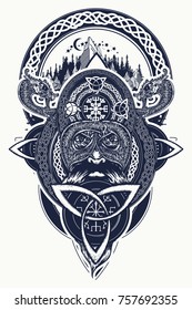 Viking warrior and mountains tattoo. Northern warrior, t-shirt design. Celtic emblem of Odin, dragons, viking helmet, ethnic style 