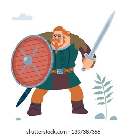 Viking Warrior, northerner Defensive Attack from the living dead. Isolated on white background. Vector flat illustration