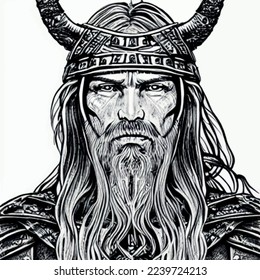 Viking warrior portrait vector sketch black and white pencil illustration