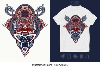 Viking warrior. Print for t-shirts and another, trendy apparel design. Celtic emblem of Odin. Northern dragons, viking helmet, ethnic style 