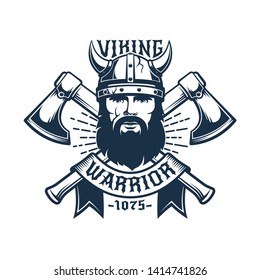 Viking warrior retro logo template. Barbarian head in a horned helmet, crossed axes and ribbon. Vector illustration.