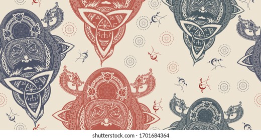 Viking warrior. Seamless pattern. Packing old paper, scrapbooking style. Vintage background. Medieval manuscript, engraving art. Northern dragons, helmet 