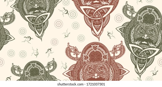 Viking warrior. Seamless pattern. Packing old paper, scrapbooking style. Vintage background. Medieval manuscript, engraving art. Northern dragons, helmet 