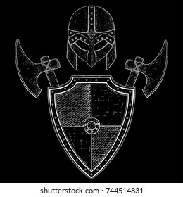 Viking warrior set - shield, axes and helmet. Hand drawn sketch. Vector illustration on black background