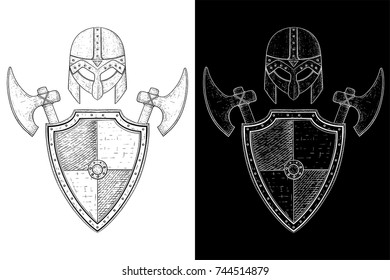 Viking warrior set - shield, axes and helmet. Hand drawn sketch. Vector illustration
