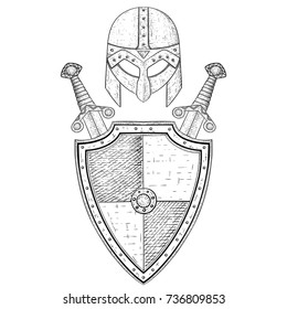 Viking warrior set - shield, crossed swords and helmet. Hand drawn sketch. Vector illustration isolated on white background