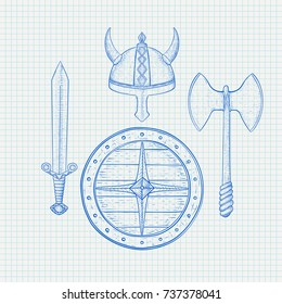 Viking warrior set - shield, sword, axe and horned helmet. Hand drawn sketch on lined paper. Vector illustration